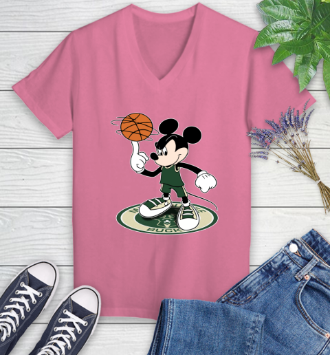 NBA Basketball Milwaukee Bucks Cheerful Mickey Disney Shirt Women's V-Neck T-Shirt 11