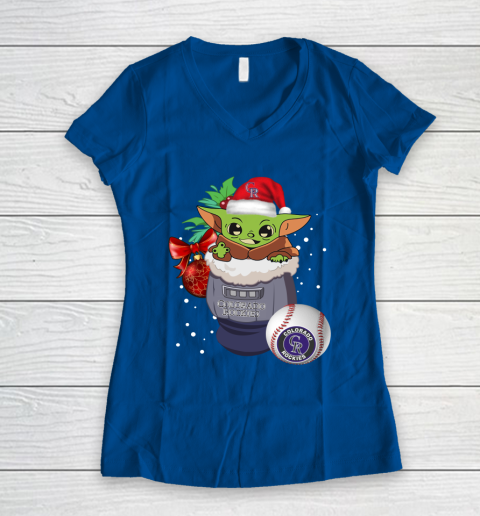 Colorado Rockies Christmas Baby Yoda Star Wars Funny Happy MLB Women's V-Neck T-Shirt 9