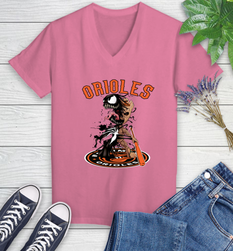 MLB Baltimore Orioles Baseball Venom Groot Guardians Of The Galaxy Women's V-Neck T-Shirt 13