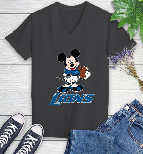 NFL Football Detroit Lions Cheerful Mickey Mouse Shirt Women's V-Neck T-Shirt 7