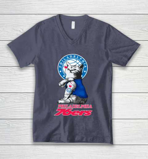 NBA Basketball My Cat Loves Philadelphia 76ers V-Neck T-Shirt 7