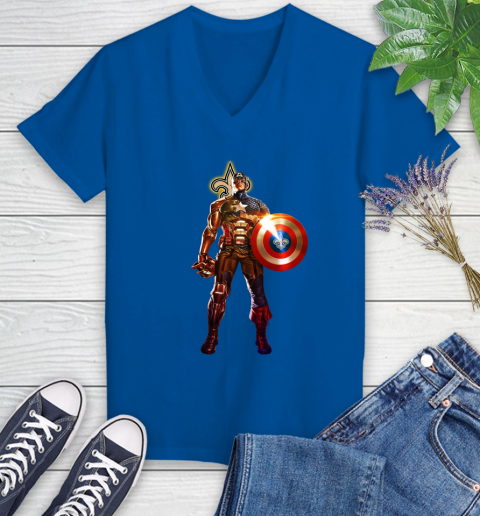 NFL Captain America Marvel Avengers Endgame Football Sports New Orleans Saints Women's V-Neck T-Shirt 10