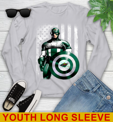 Minnesota Wild NHL Hockey Captain America Marvel Avengers American Flag Shirt Youth Long Sleeve 5