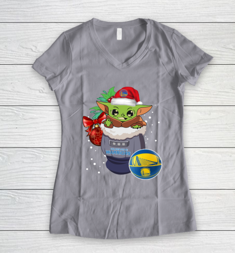 Golden State Warriors Christmas Baby Yoda Star Wars Funny Happy NBA Women's V-Neck T-Shirt 4