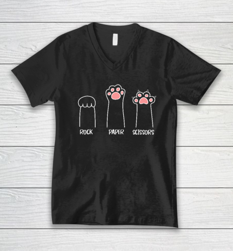 Rock Paper Scissors Hand Game Cute Pink Paw Funny Cat V-Neck T-Shirt