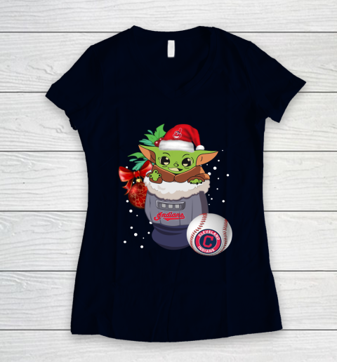 Cleveland Indians Christmas Baby Yoda Star Wars Funny Happy MLB Women's V-Neck T-Shirt 3