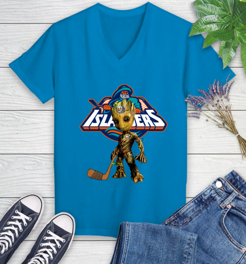 New York Islanders NHL Hockey Groot Marvel Guardians Of The Galaxy Women's V-Neck T-Shirt 7