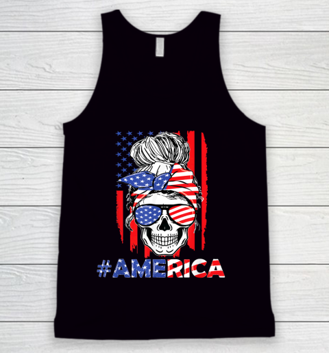 Independence Day Merica Messy Bun Skull 4th Of July American Flag Tank Top