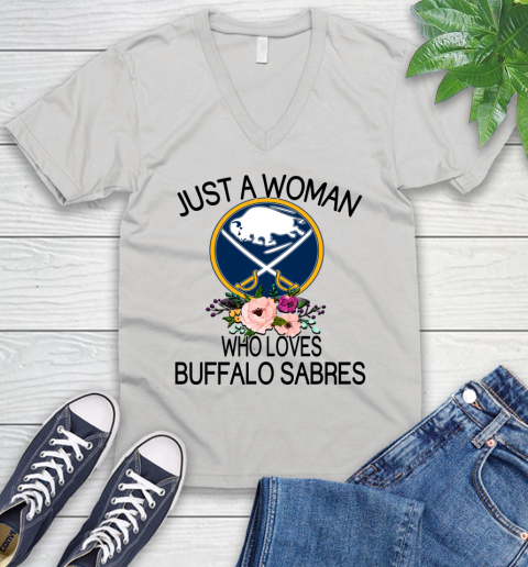 NHL Just A Woman Who Loves Buffalo Sabres Hockey Sports V-Neck T-Shirt