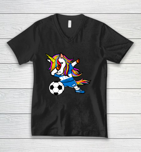 Dabbing Unicorn Honduras Football Honduran Flag Soccer V-Neck T-Shirt