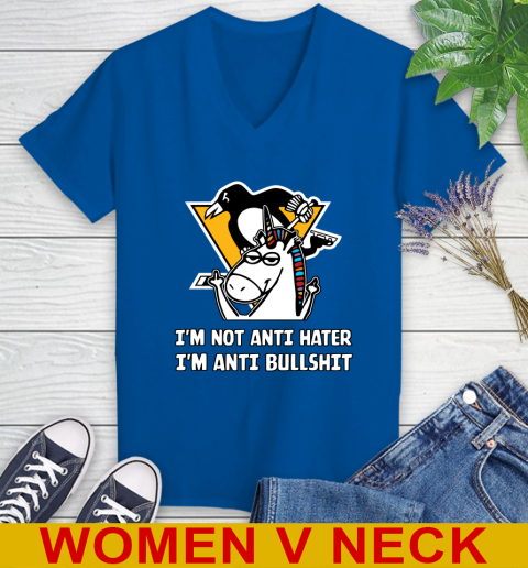 Pittsburgh Penguins NHL Hockey Unicorn I'm Not Anti Hater I'm Anti Bullshit Women's V-Neck T-Shirt 11