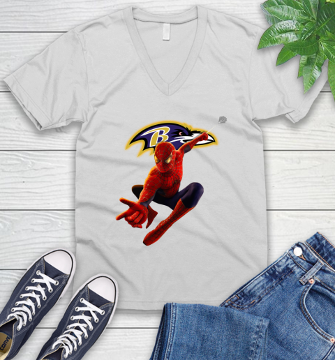 NFL Spider Man Avengers Endgame Football Baltimore Ravens V-Neck T-Shirt
