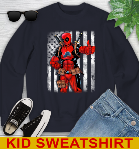 NFL Football Detroit Lions Deadpool American Flag Shirt Youth Sweatshirt 2