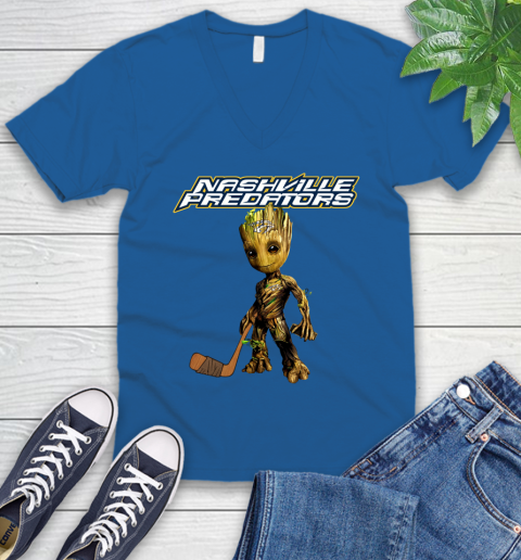 Nashville Predators NHL Hockey Groot Marvel Guardians Of The Galaxy V-Neck T-Shirt 6