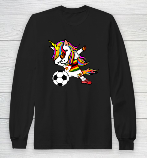 Dabbing Unicorn Zimbabwe Football Zimbabwean Flag Soccer Long Sleeve T-Shirt