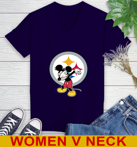 Pittsburgh Steelers NFL Football Dabbing Mickey Disney Sports Women's V-Neck T-Shirt 4