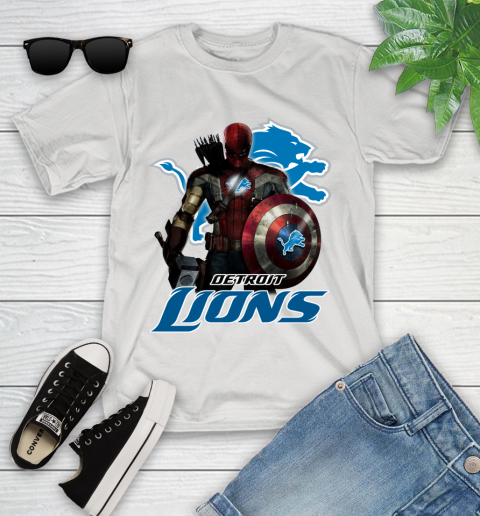 NFL Captain America Thor Spider Man Hawkeye Avengers Endgame Football Detroit Lions Youth T-Shirt