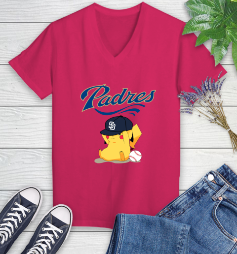 MLB Pikachu Baseball Sports San Diego Padres Women's V-Neck T-Shirt 9