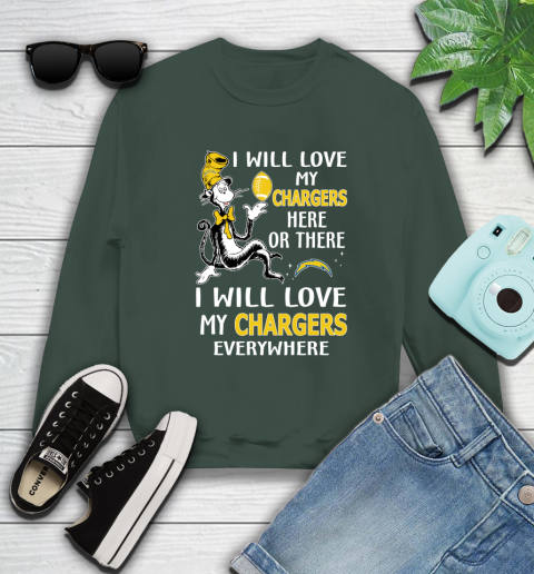 NFL Football Los Angeles Chargers I Will Love My Chargers Everywhere Dr Seuss Shirt Sweatshirt 12
