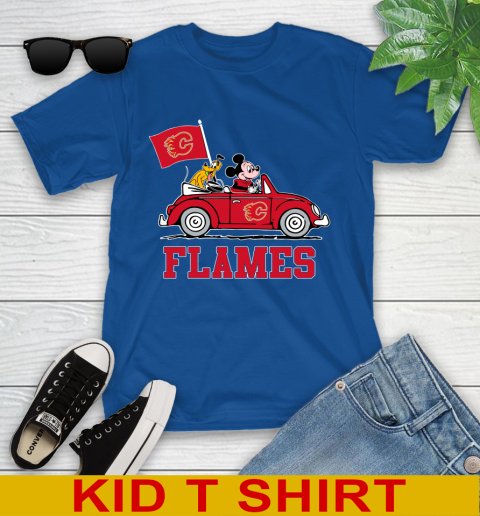NHL Hockey Calgary Flames Pluto Mickey Driving Disney Shirt Youth T-Shirt 9