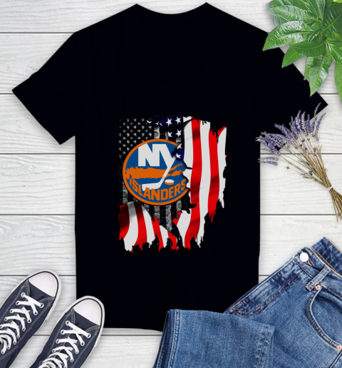 New York Islanders NHL Hockey American Flag Women's V-Neck T-Shirt