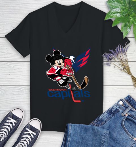NHL Washington Capitals Mickey Mouse Disney Hockey T Shirt Women's V-Neck T-Shirt 2