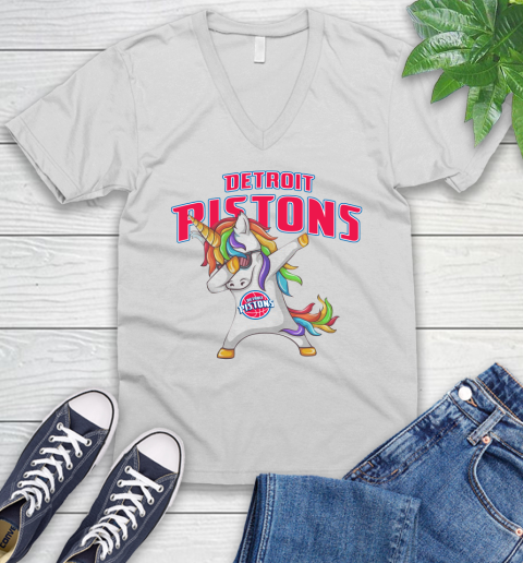 Detroit Pistons NBA Basketball Funny Unicorn Dabbing Sports V-Neck T-Shirt