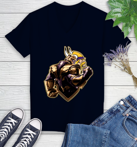 NFL Thanos Avengers Endgame Football Sports Minnesota Vikings Women's V-Neck T-Shirt 3
