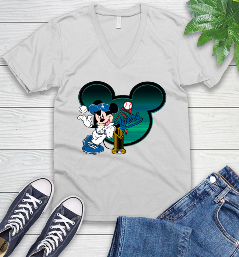 MLB Los Angeles Dodgers The Commissioner's Trophy Mickey Mouse Disney V-Neck T-Shirt