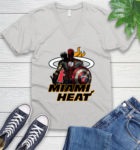 Miami Heat NBA Basketball Captain America Thor Spider Man Hawkeye Avengers V-Neck T-Shirt