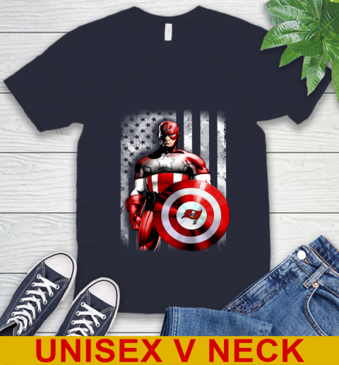Tampa Bay Buccaneers NFL Football Captain America Marvel Avengers American Flag Shirt V-Neck T-Shirt 2