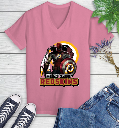 NFL Captain America Thor Spider Man Hawkeye Avengers Endgame Football Washington Redskins Women's V-Neck T-Shirt 13