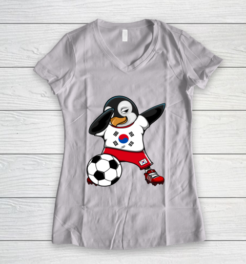 Dabbing Penguin South Korea Soccer Fan Jersey Football Lover Women's V-Neck T-Shirt