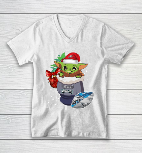 Philadelphia Eagles Christmas Baby Yoda Star Wars Funny Happy NFL V-Neck T-Shirt 2
