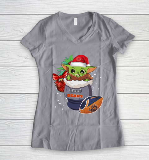 Chicago Bears Christmas Baby Yoda Star Wars Funny Happy NFL Women's V-Neck T-Shirt 4