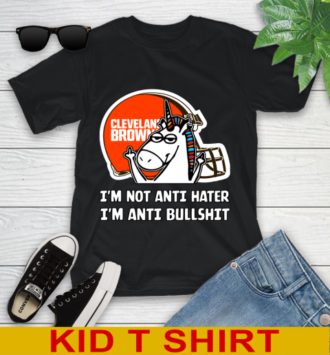 Cleveland Browns NFL Football Unicorn I'm Not Anti Hater I'm Anti Bullshit Youth T-Shirt 2