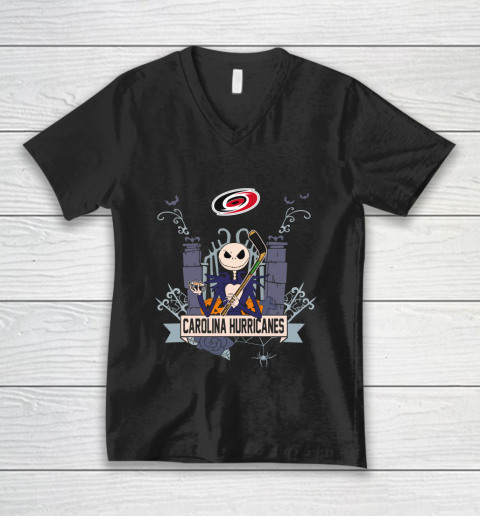 NHL Carolina Hurricanes Hockey Jack Skellington Halloween V-Neck T-Shirt