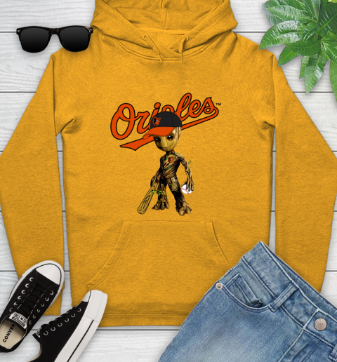 MLB Baltimore Orioles Groot Guardians Of The Galaxy Baseball Youth Hoodie 3