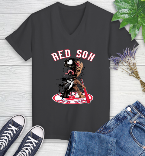 MLB Boston Red Sox Baseball Venom Groot Guardians Of The Galaxy Women's V-Neck T-Shirt 8