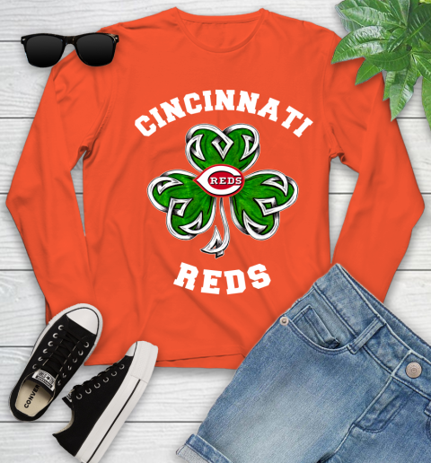 MLB Cincinnati Reds Three Leaf Clover St Patrick's Day Baseball Sports Youth Long Sleeve 3