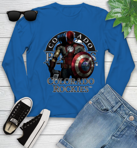 MLB Captain America Thor Spider Man Hawkeye Avengers Endgame Baseball Colorado Rockies Youth Long Sleeve 9