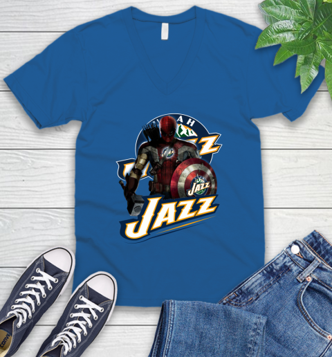Utah Jazz NBA Basketball Captain America Thor Spider Man Hawkeye Avengers V-Neck T-Shirt 6