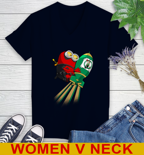 NBA Basketball Boston Celtics Deadpool Minion Marvel Shirt Women's V-Neck T-Shirt 2