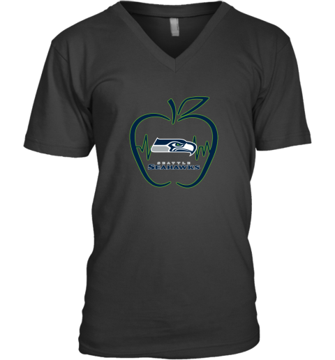 Apple Heartbeat Teacher Symbol Seattle Seahawks V-Neck T-Shirt