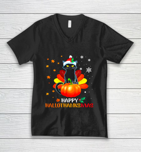 Black Cat Halloween And Merry Christmas Happy Hallothanksmas V-Neck T-Shirt