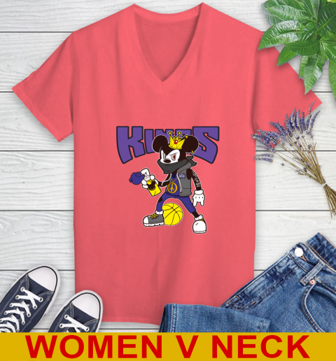 Sacramento Kings NBA Basketball Mickey Peace Sign Sports Women's V-Neck T-Shirt 7