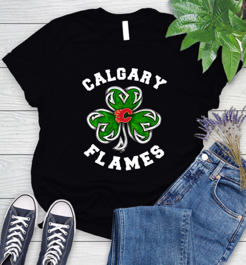 NHL Calgary Flames Three Leaf Clover St Patrick's Day Hockey Sports Women's T-Shirt