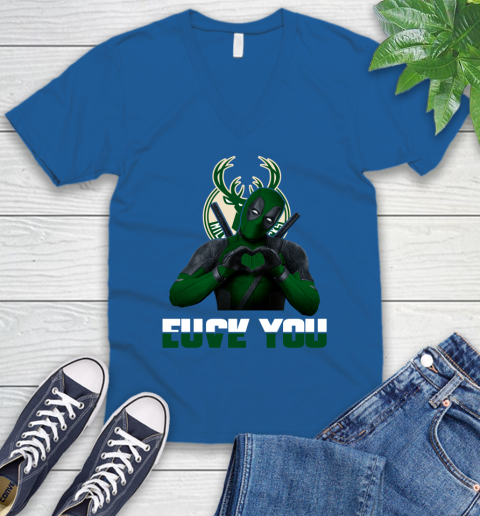 NBA Milwaukee Bucks Deadpool Love You Fuck You Basketball Sports V-Neck T-Shirt 5