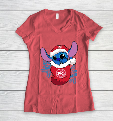 Atlanta Hawks Christmas Stitch In The Sock Funny Disney NBA Women's V-Neck T-Shirt 6