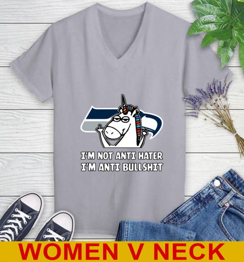 Seattle Seahawks NFL Football Unicorn I'm Not Anti Hater I'm Anti Bullshit Women's V-Neck T-Shirt 5